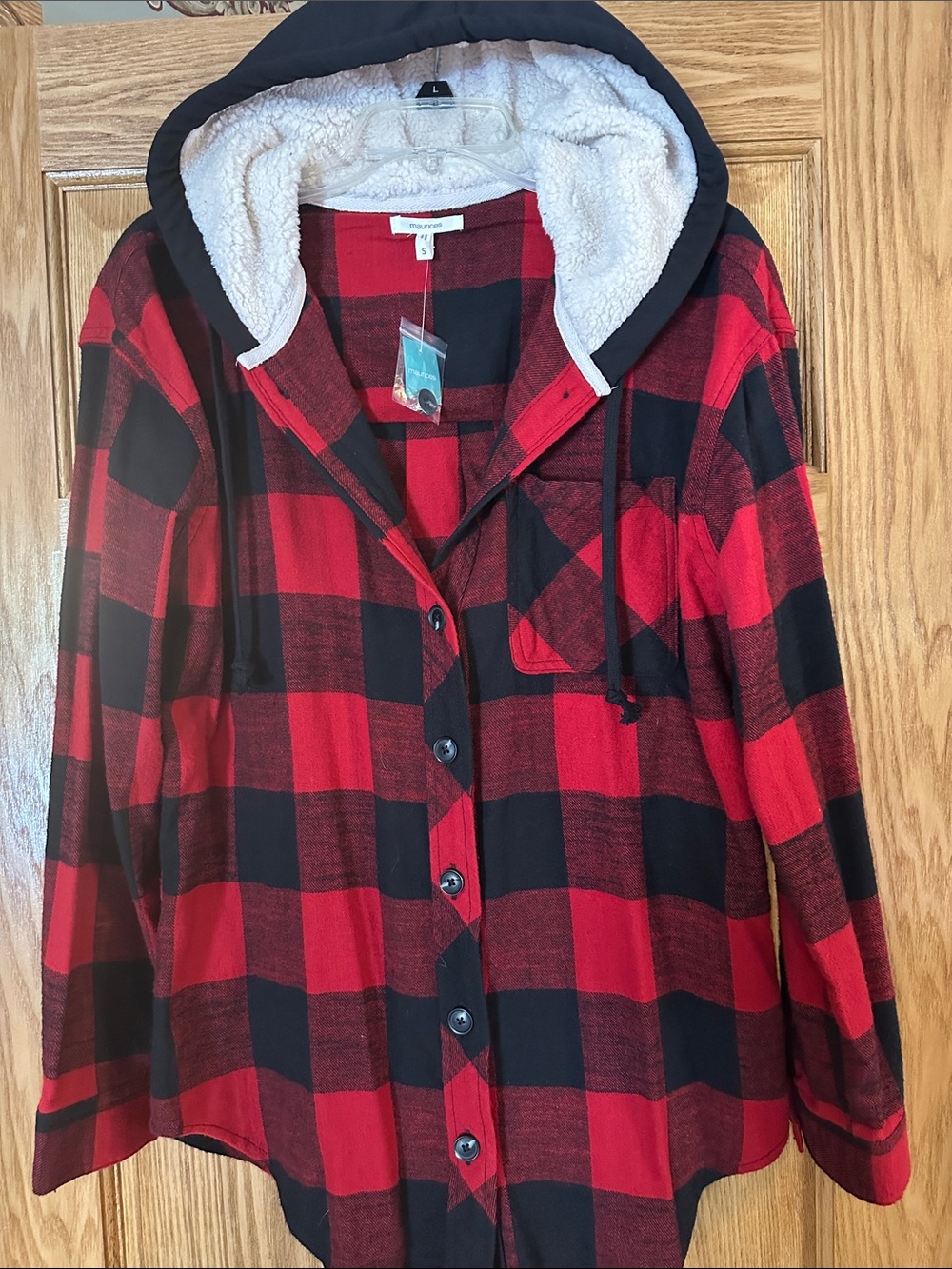 Maurices Red and Black Buffalo Plaid Hooded Button-Down